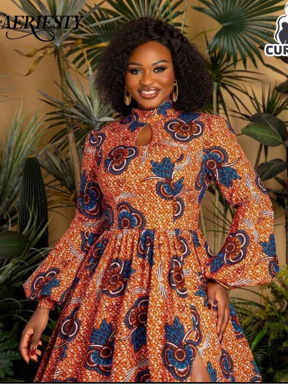 #596 Faeriesty Gorgeous High-Neck Orange Floral Maxi Dress with Side Slit - Picture 1 of 15